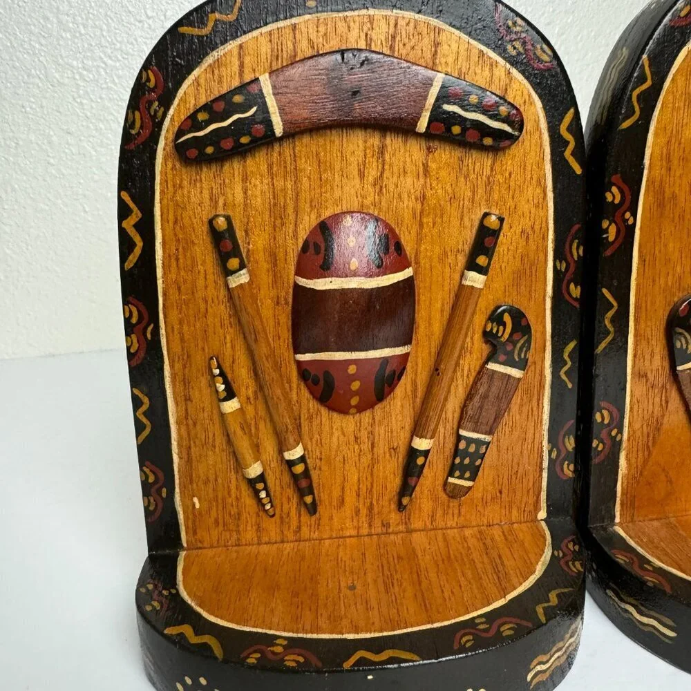Vintage Hand Carved Wooden Australian Bookends Aboriginal Art